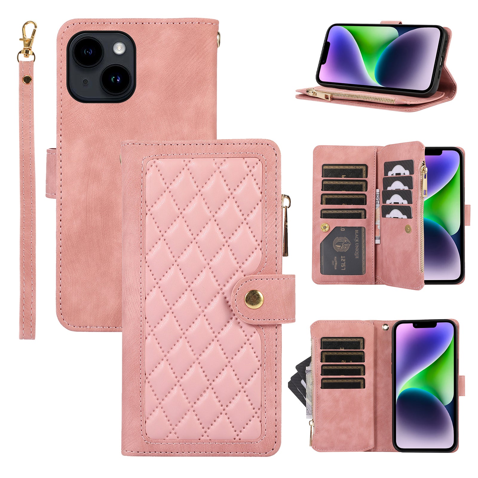 For iPhone 14 Plus Multiple Card Slots Phone Leather Case Rhombus Stand Cover with Zipper Pocket For iPhone 14 Plus Multiple Card Slots Phone Leather Case Rhombus Stand Cover with Zipper Pocket